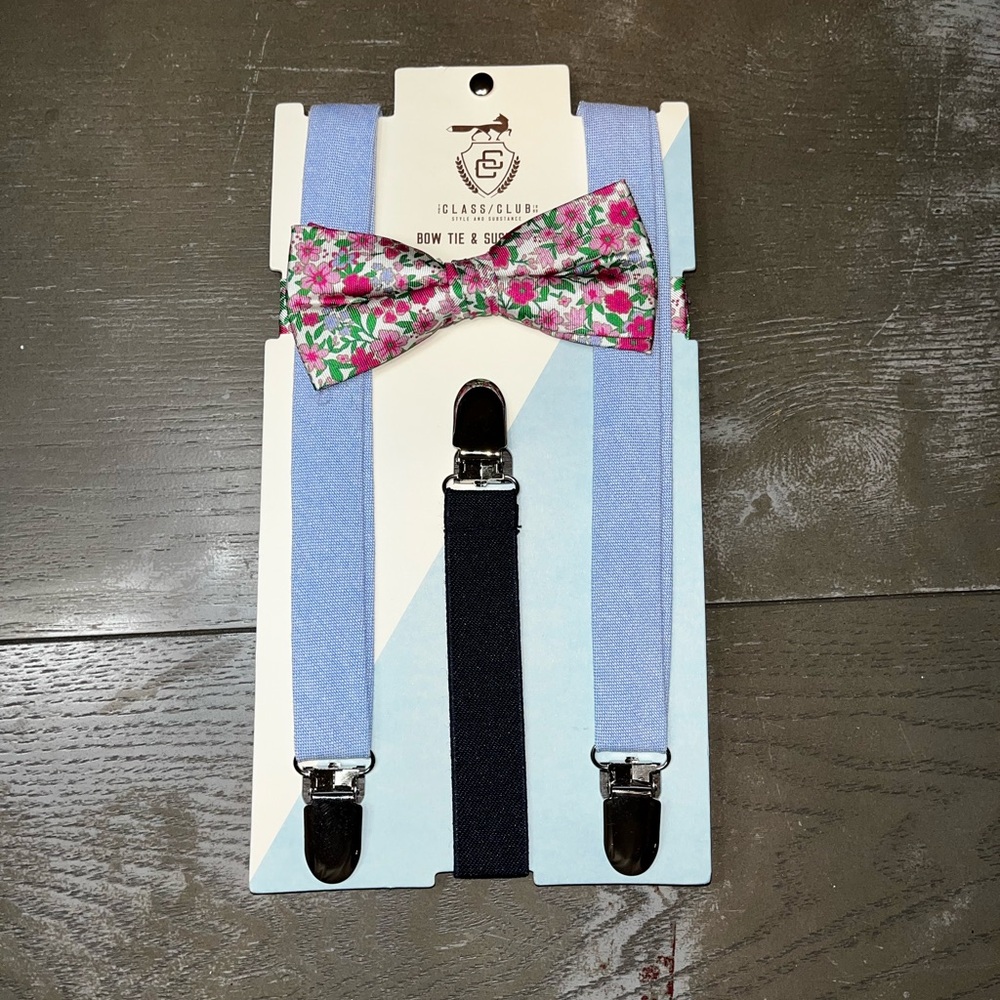 Class Club Bow Tie Suspender Set Floral Powder Navy Blue Boys NWT